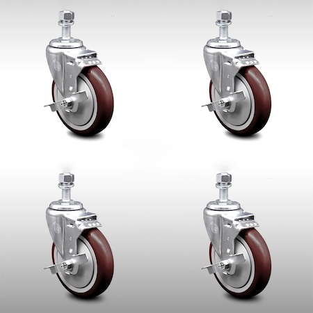Service Caster 5 Inch SS Maroon Polyurethane Wheel Swivel 1/2 Inch Threaded Stem Caster Set Brake SCC-SSTS20S514-PPUB-MRN-TLB-121315-4